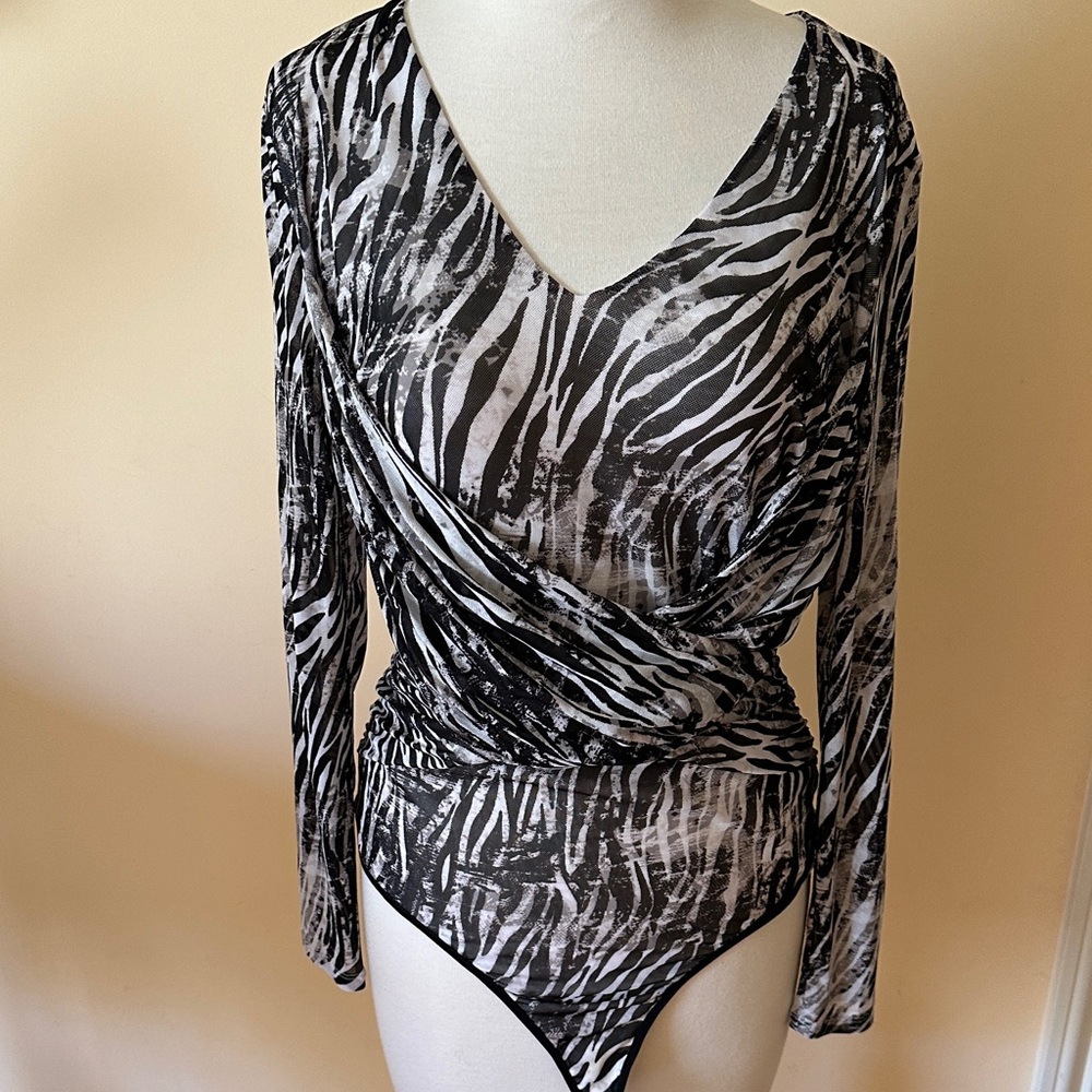 Bebe Black and White Zebra Print Bodysuit